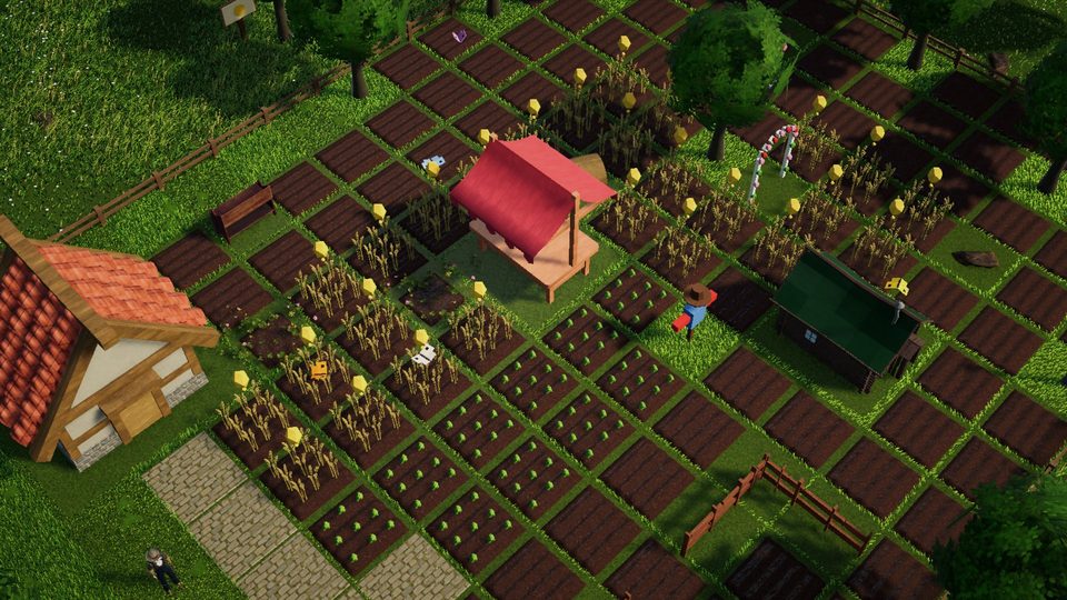 Cottage and market stall beside rows of crops